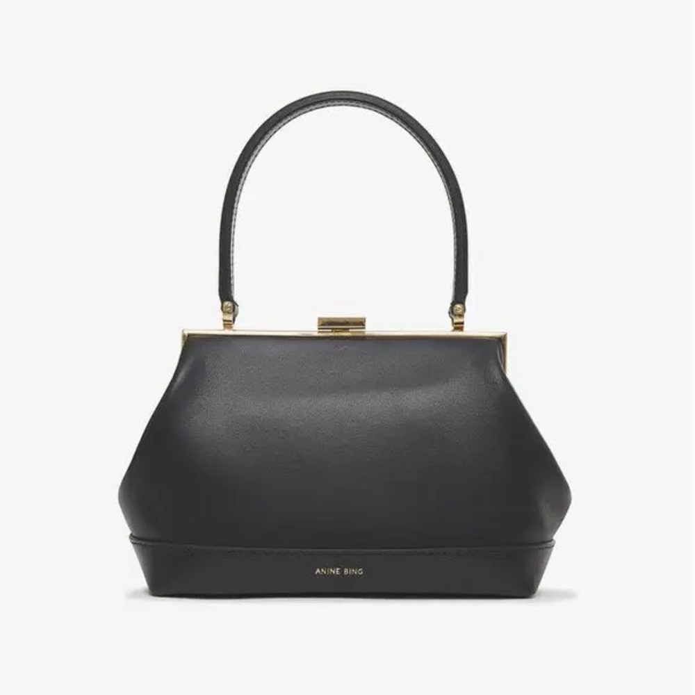Anine Bing Mini Elly Black Leather Frame Top-Handle Bag with Gold Trim